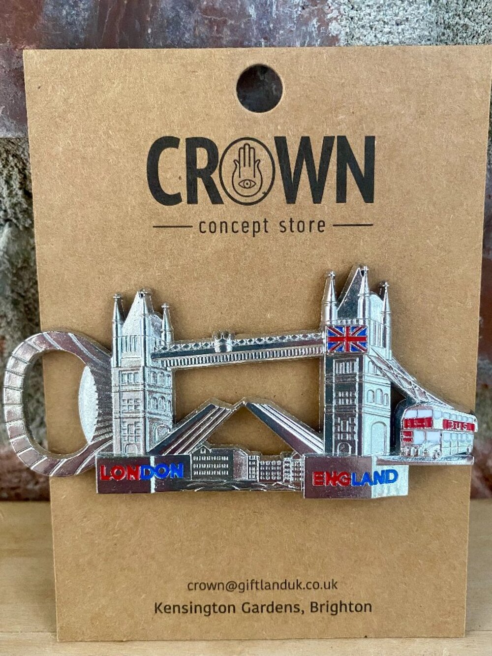 TOWER BRIDGE, LONDON bottle opener, features Union Jack & double-decker bus, NEW